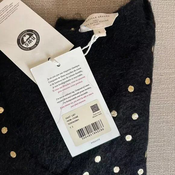 NWT Sezane Lizy Cardigan Small Black Gold Polka Dot French Wool Causal - Picture 4 of 6